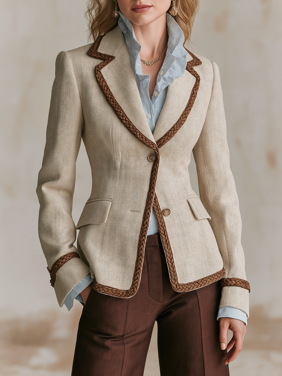 Beige Blazer With Brown Braided Trim