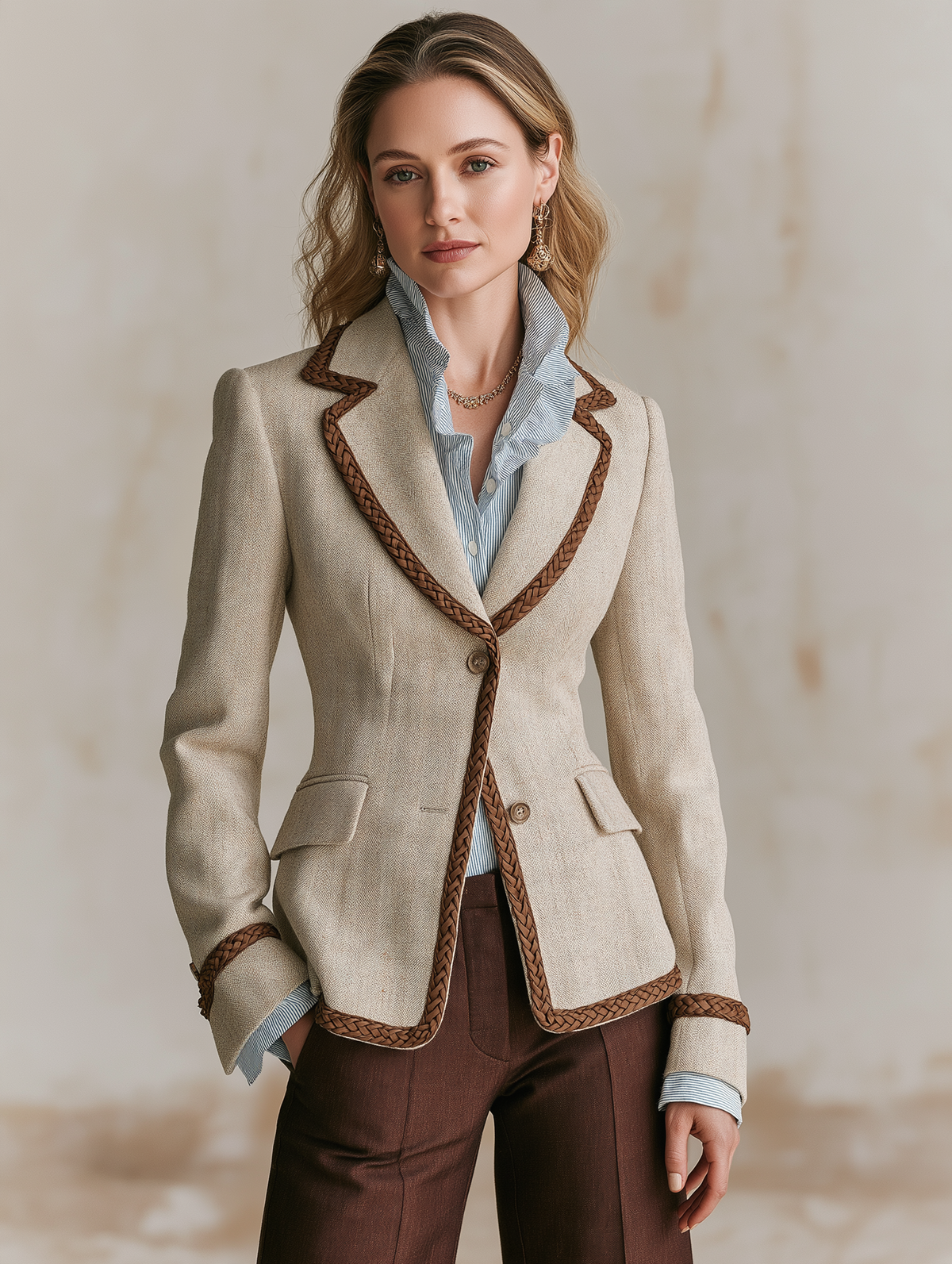 Beige Blazer With Brown Braided Trim