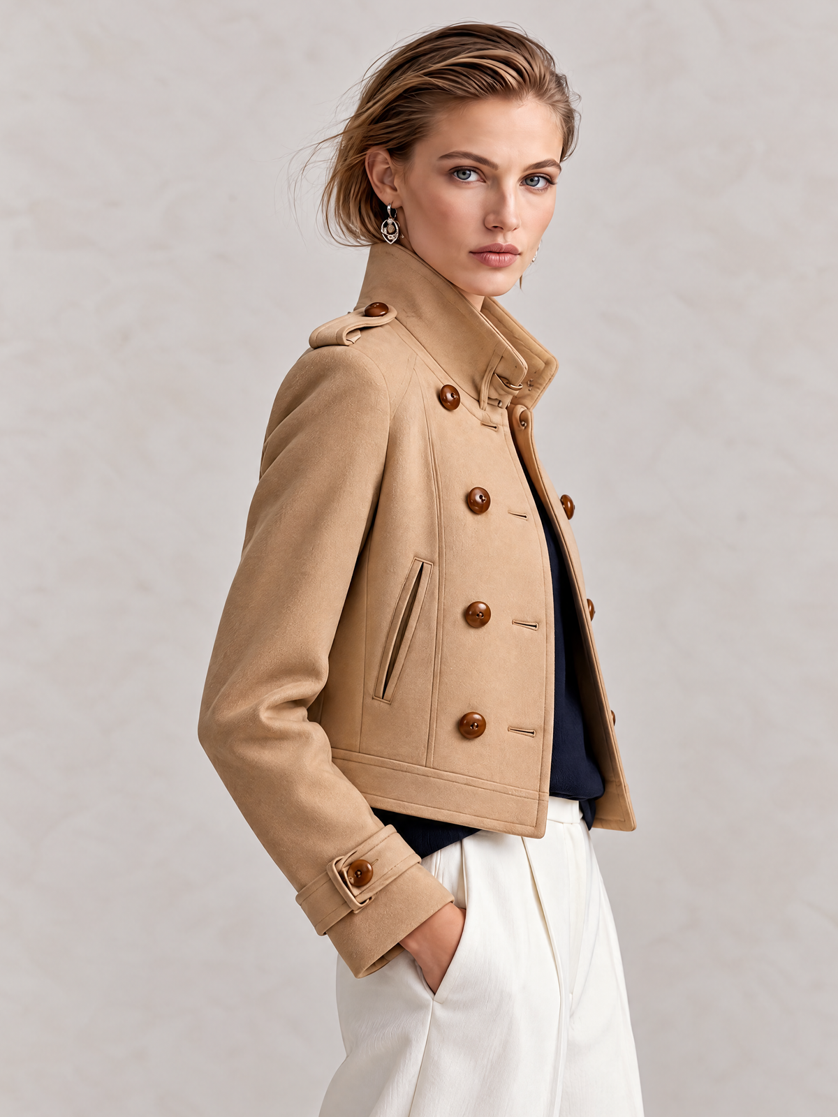Light Brown Double-Breasted High-Collar Brushed Wool Jacket