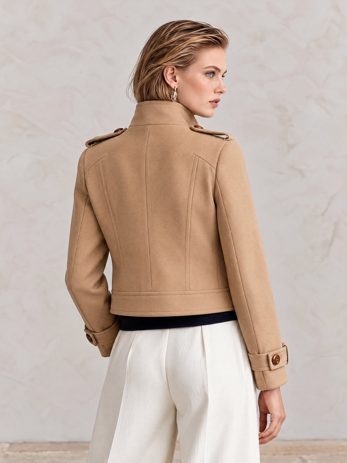 Light Brown Double-Breasted High-Collar Brushed Wool Jacket