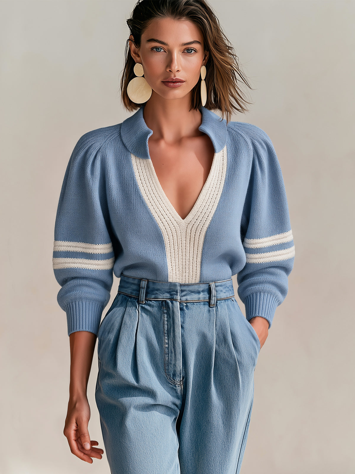 Dusty Blue Contrast Panel Knit Polo Sweater