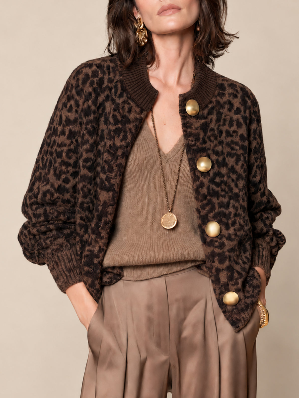 Brown Leopard Print Knit Cardigan With Oversized Gold Dome Buttons