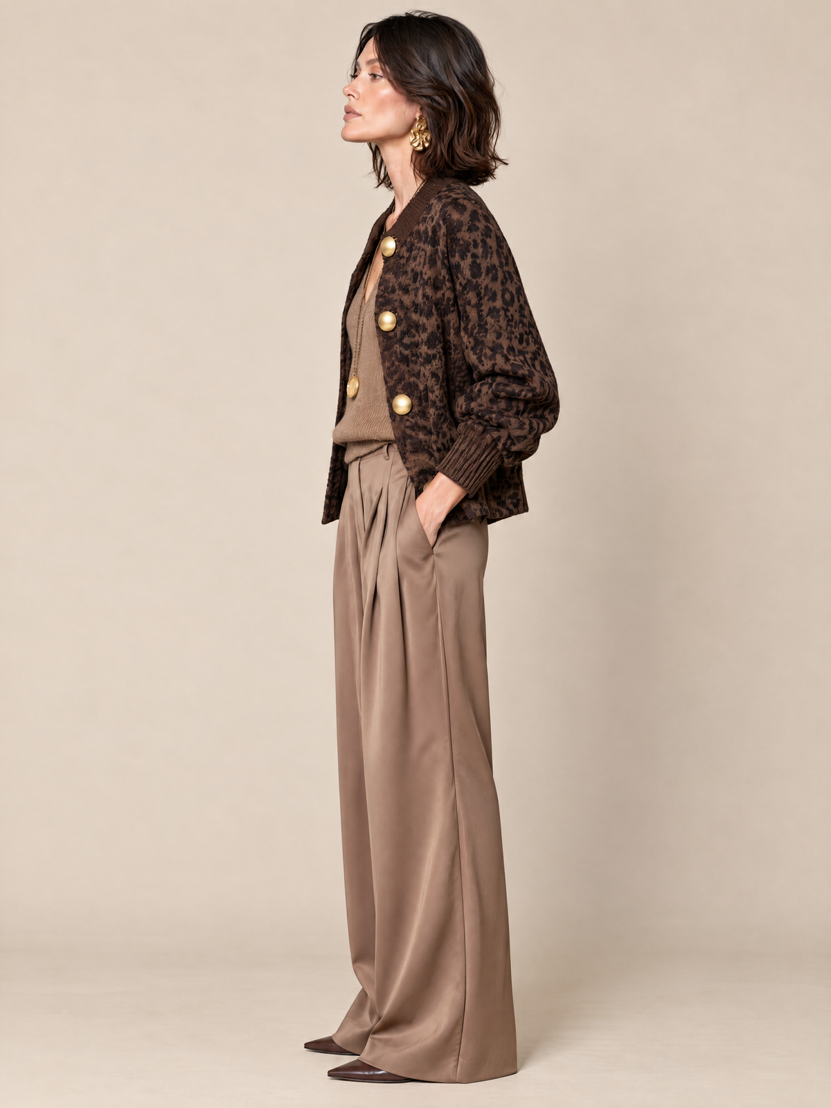 Brown Leopard Print Knit Cardigan With Oversized Gold Dome Buttons