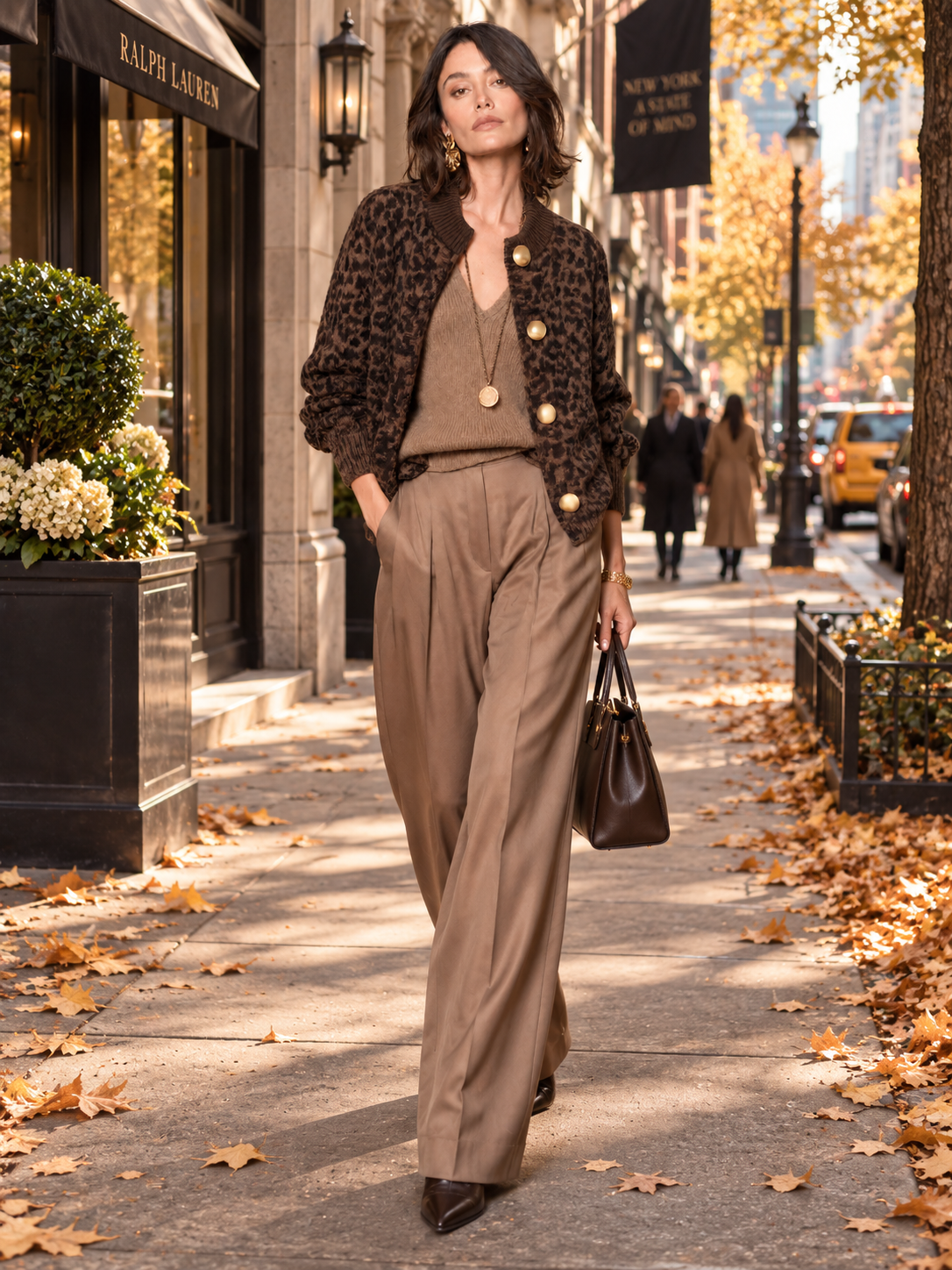 Brown Leopard Print Knit Cardigan With Oversized Gold Dome Buttons