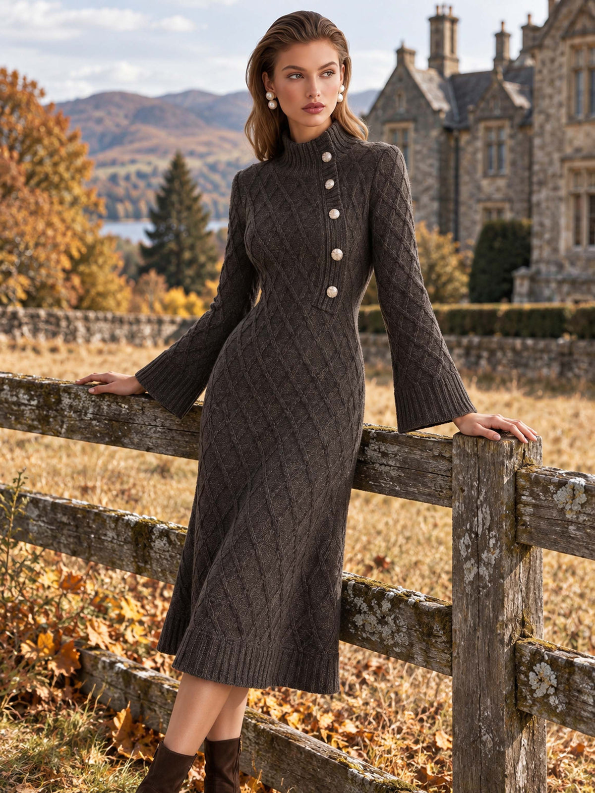 Dark Grey Diamond Knit Dress Mock Neck Flared Sleeve Elegant Midi Dress