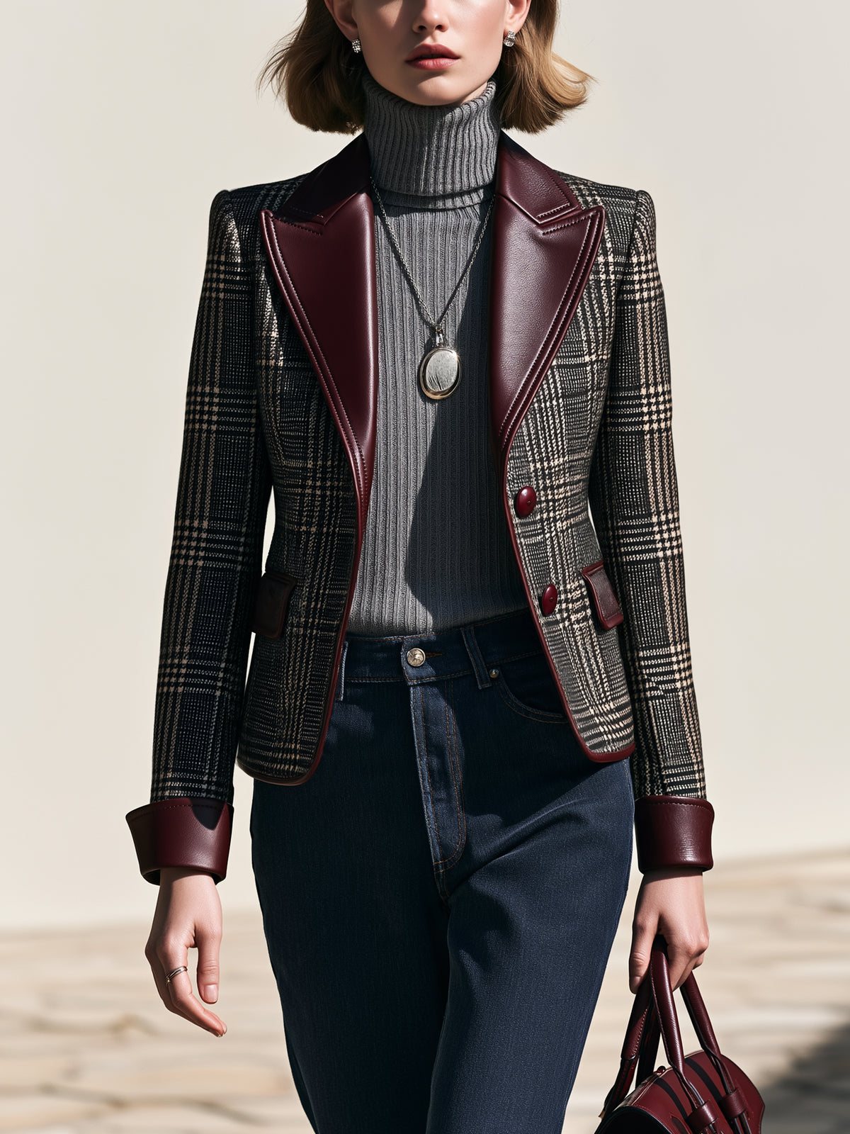 Plaid Tailored Leather Lapel Blazer Jacket