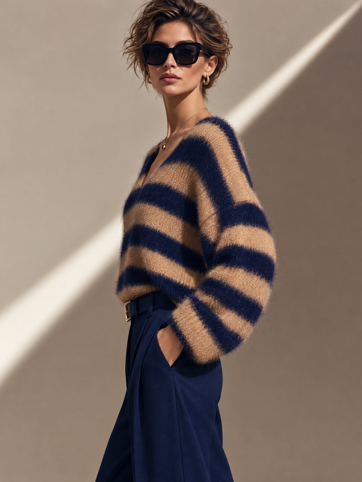 Wide Stripe Brushed V-Neck Sweater