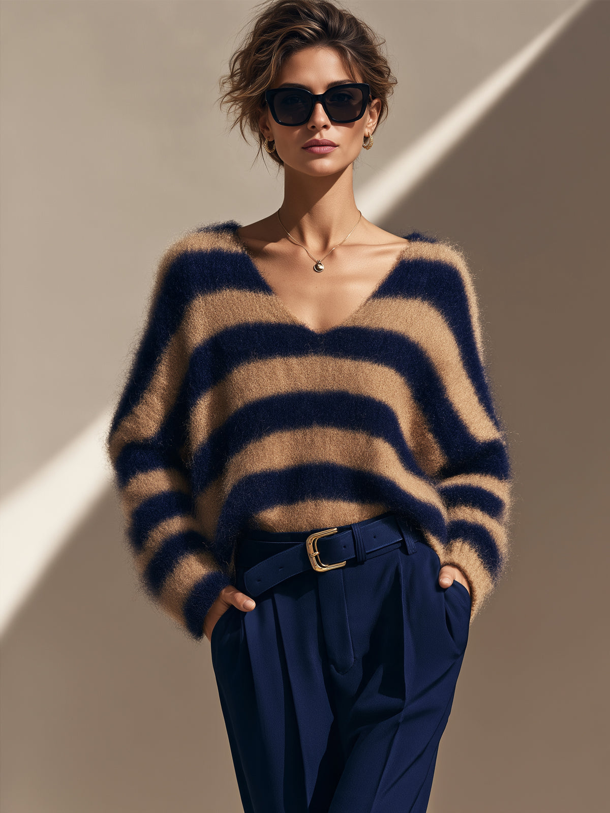 Wide Stripe Brushed V-Neck Sweater