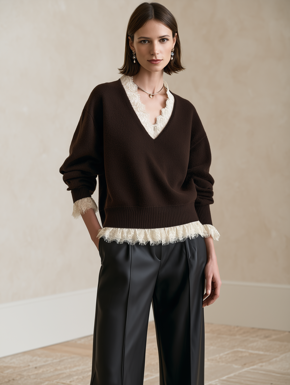 Brown V-Neck Lace-Trim Wool Knit Sweater