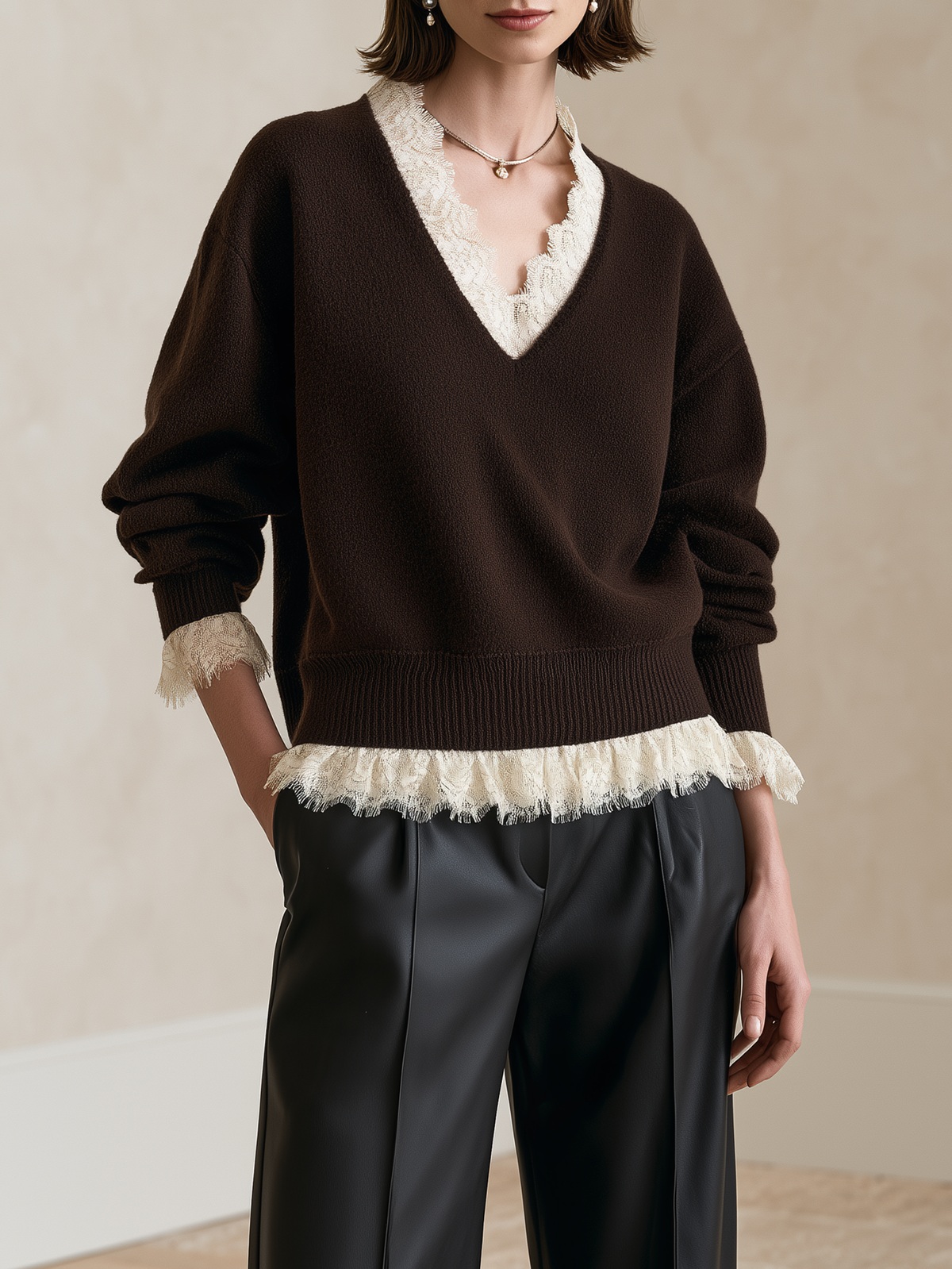Brown V-Neck Lace-Trim Wool Knit Sweater