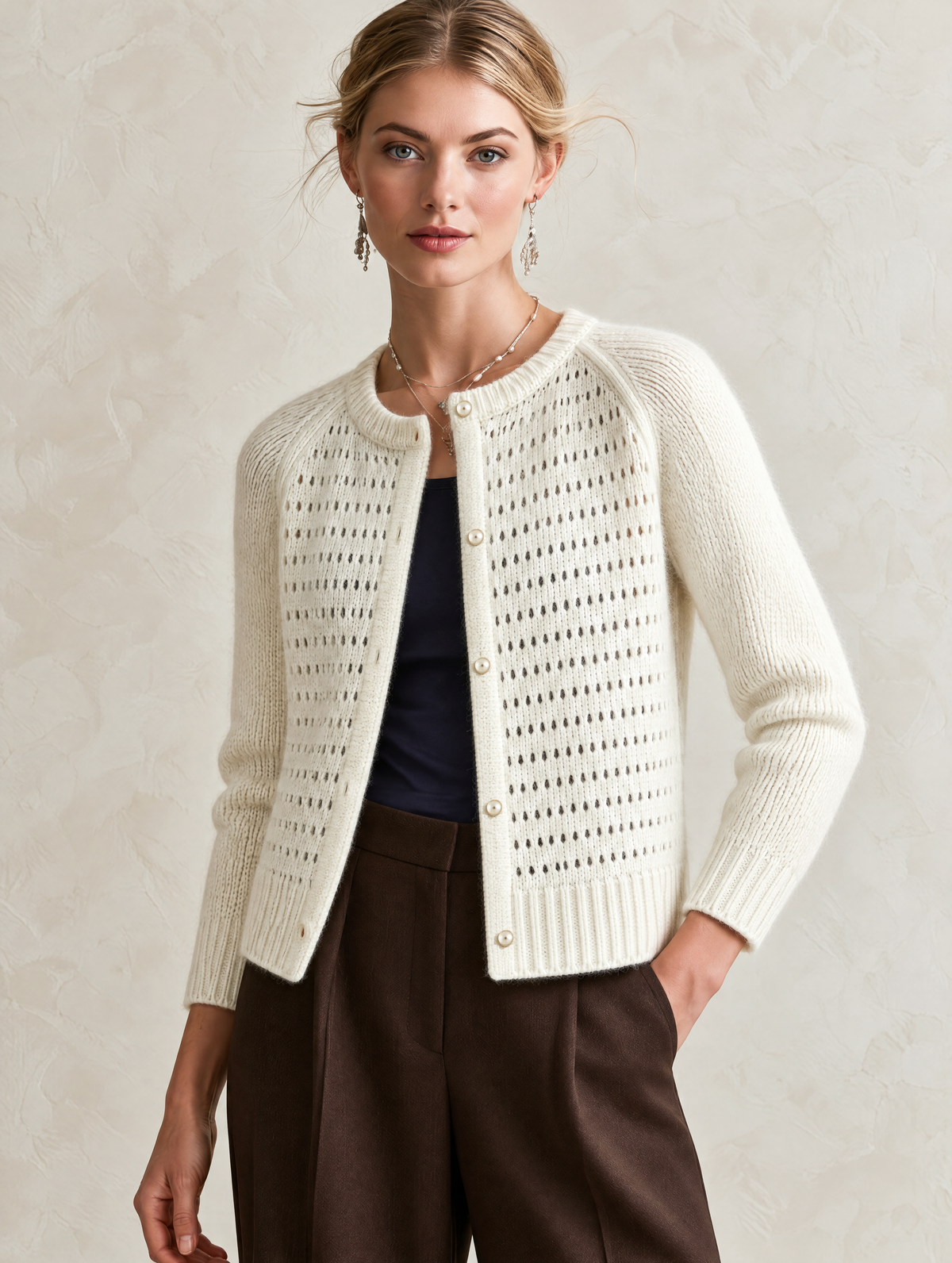 Ivory Openwork Wool Knit Cardigan