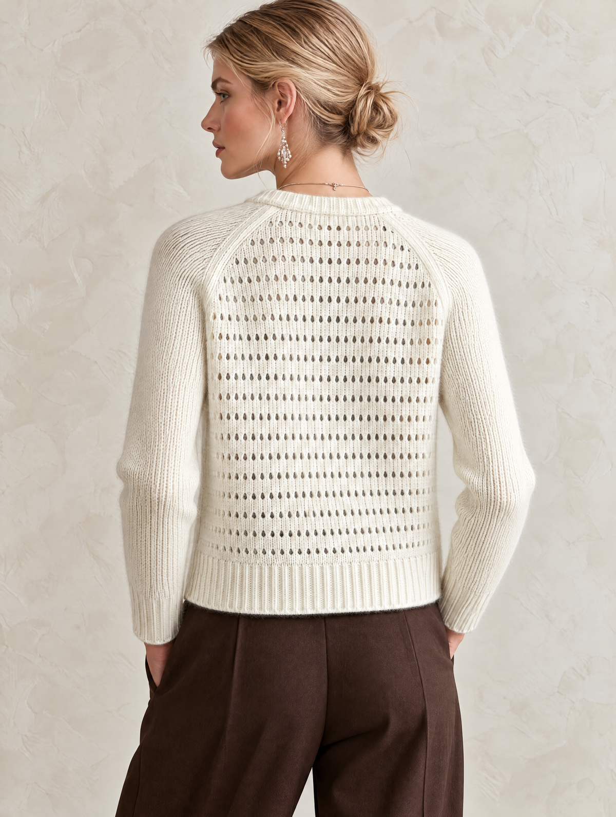 Ivory Openwork Wool Knit Cardigan