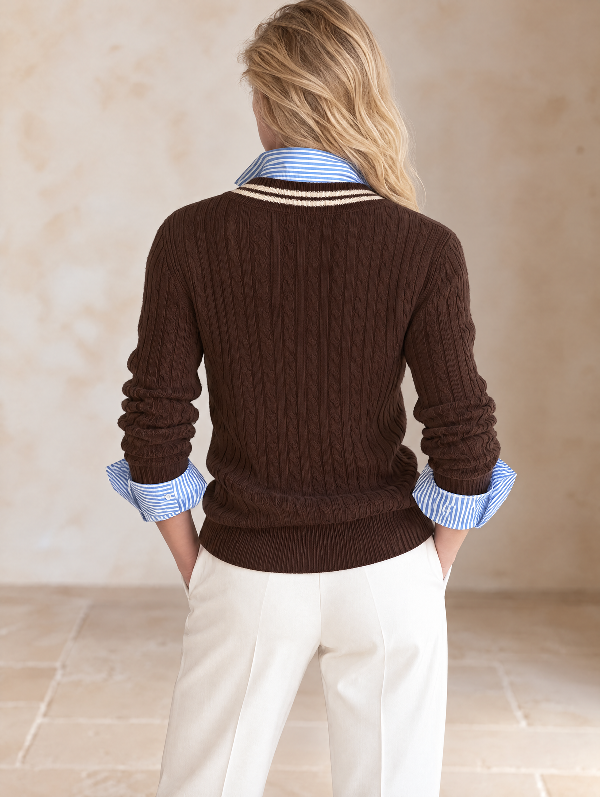 Chocolate Brown V-Neck Striped Shirt Faux-Layer Wool Knit Top