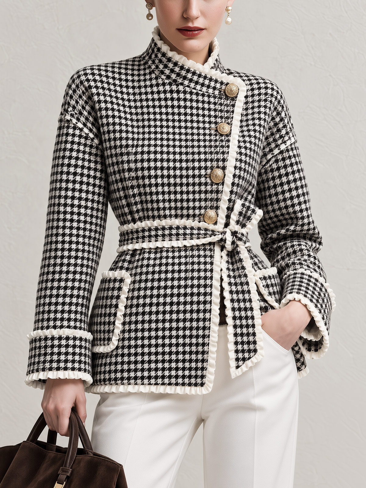 Black White Houndstooth Ruffle Trim Belted Short Coat
