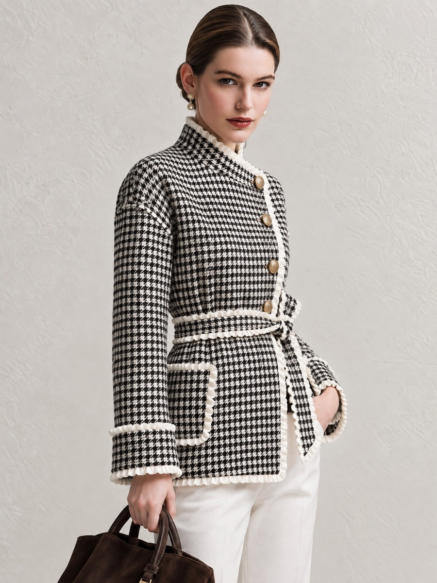 Black White Houndstooth Ruffle Trim Belted Short Coat