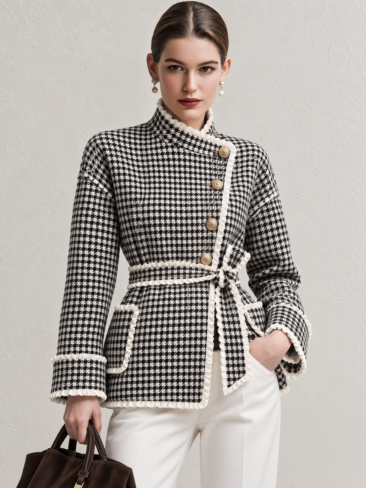 Black White Houndstooth Ruffle Trim Belted Short Coat