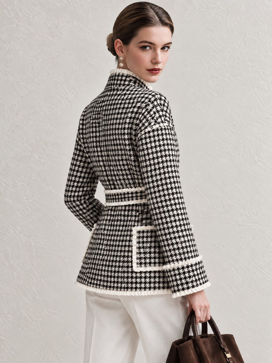 Black White Houndstooth Ruffle Trim Belted Short Coat