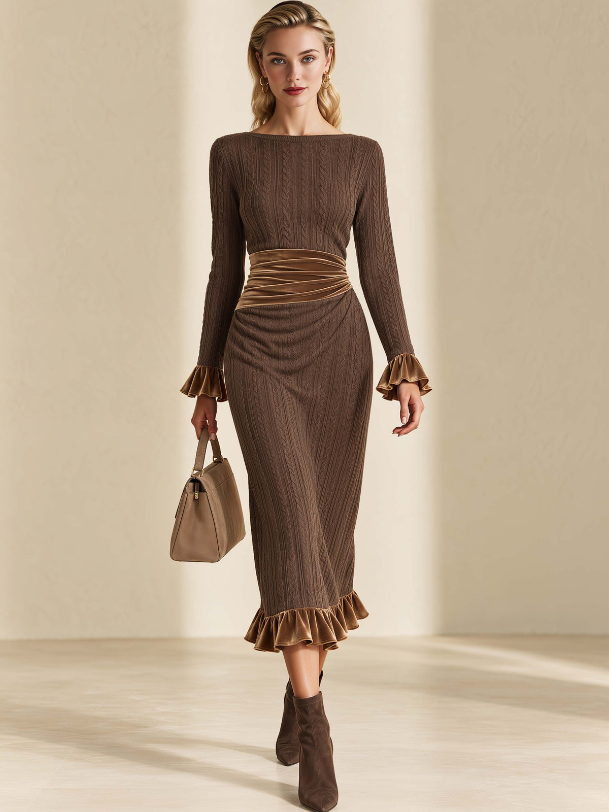 Brown Cable Knit Midi Dress With Velvet Ruffle Trim