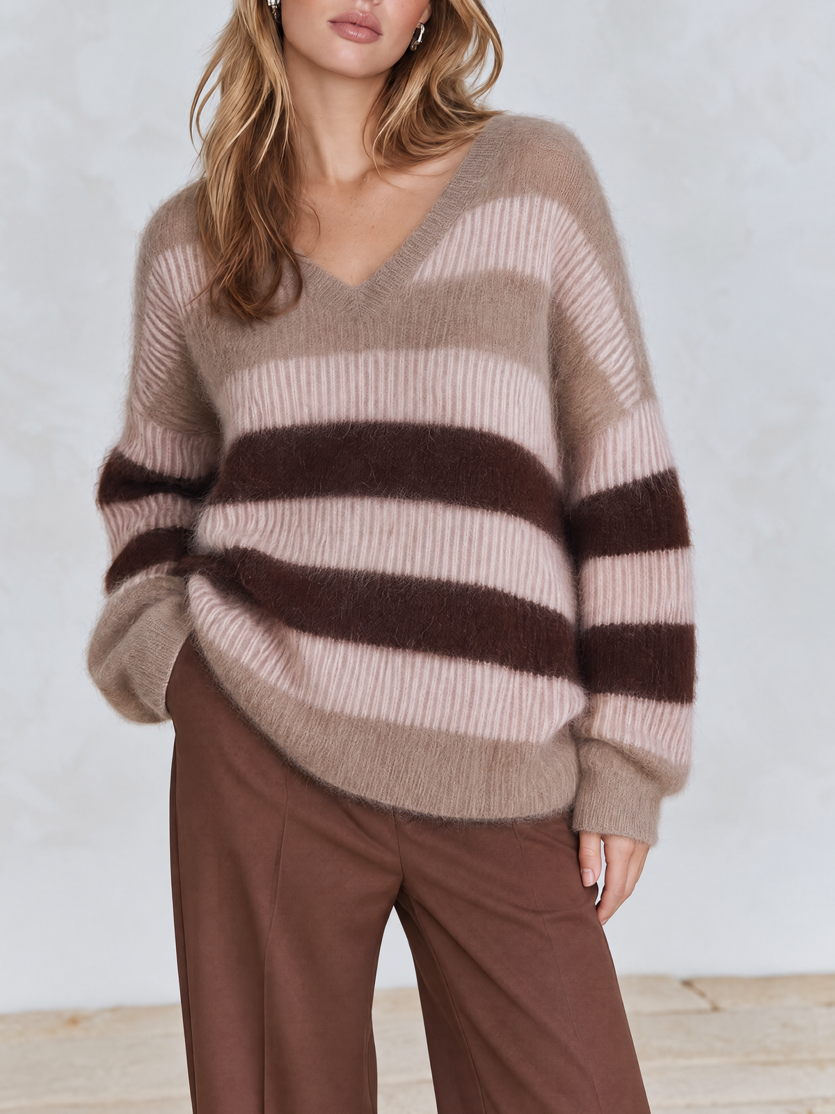 Brown Pink-Grey Striped Mohair-Blend Knit Sweater