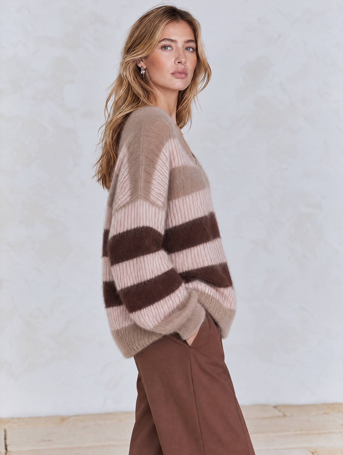 Brown Pink-Grey Striped Mohair-Blend Knit Sweater