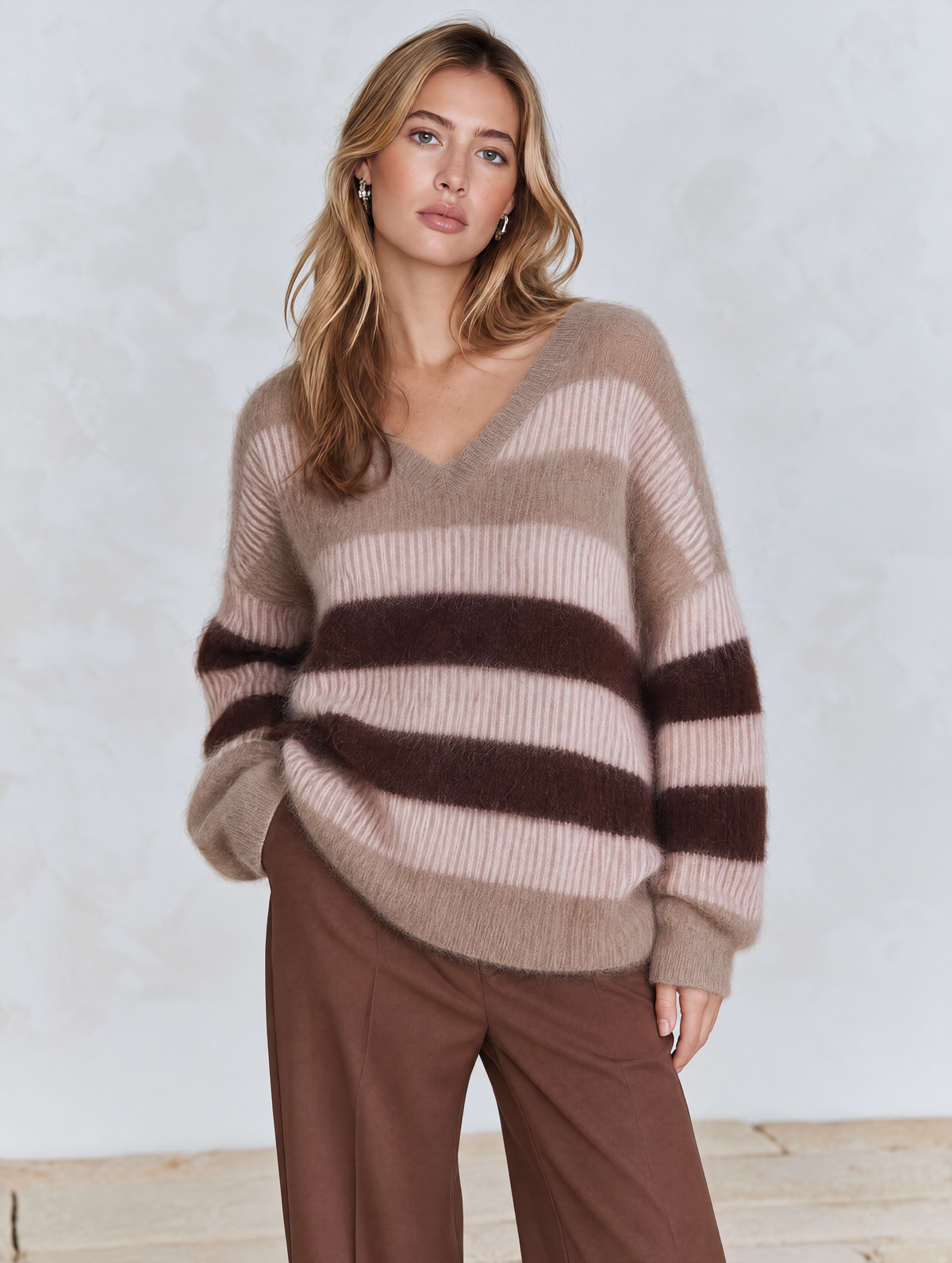 Brown Pink-Grey Striped Mohair-Blend Knit Sweater