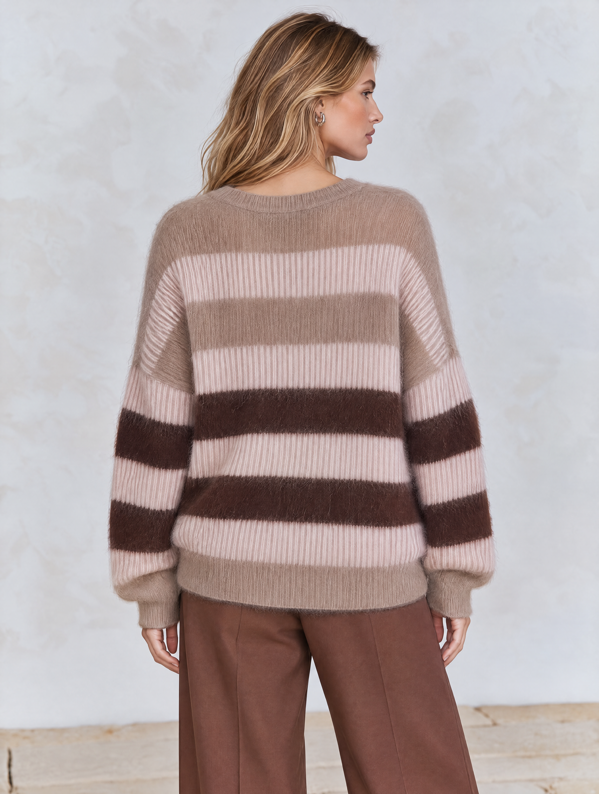 Brown Pink-Grey Striped Mohair-Blend Knit Sweater
