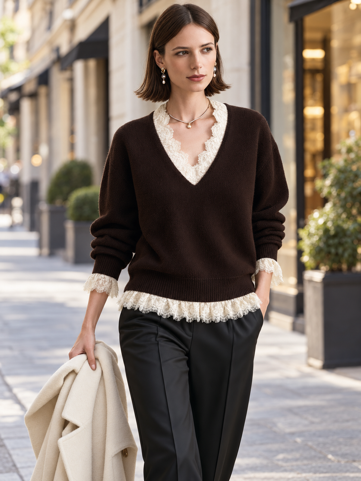 Brown V-Neck Lace-Trim Wool Knit Sweater