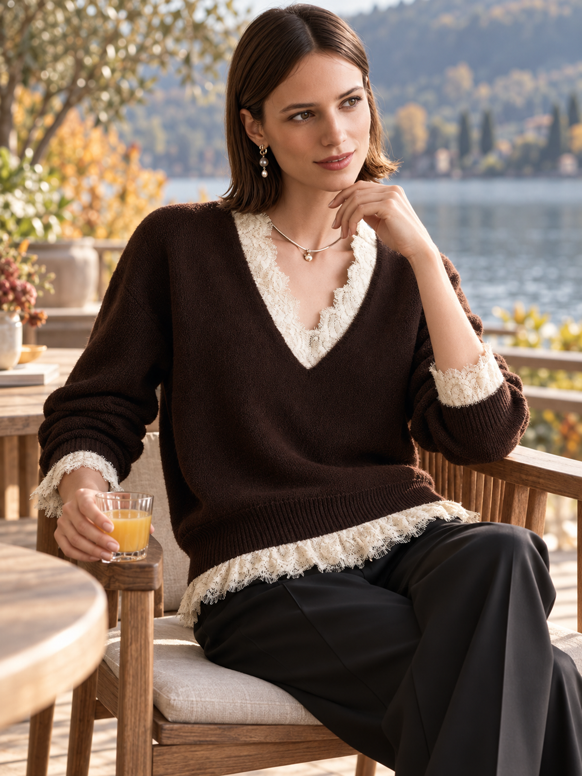 Brown V-Neck Lace-Trim Wool Knit Sweater