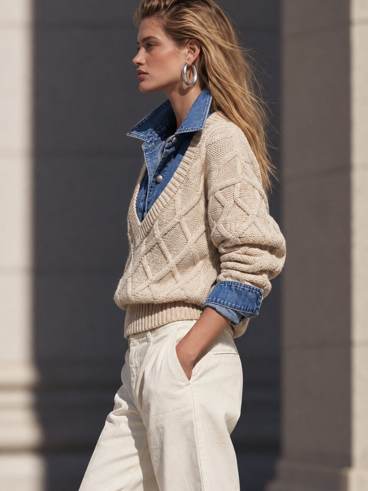 Diamond Cable Knit Faux Two-Piece Sweater