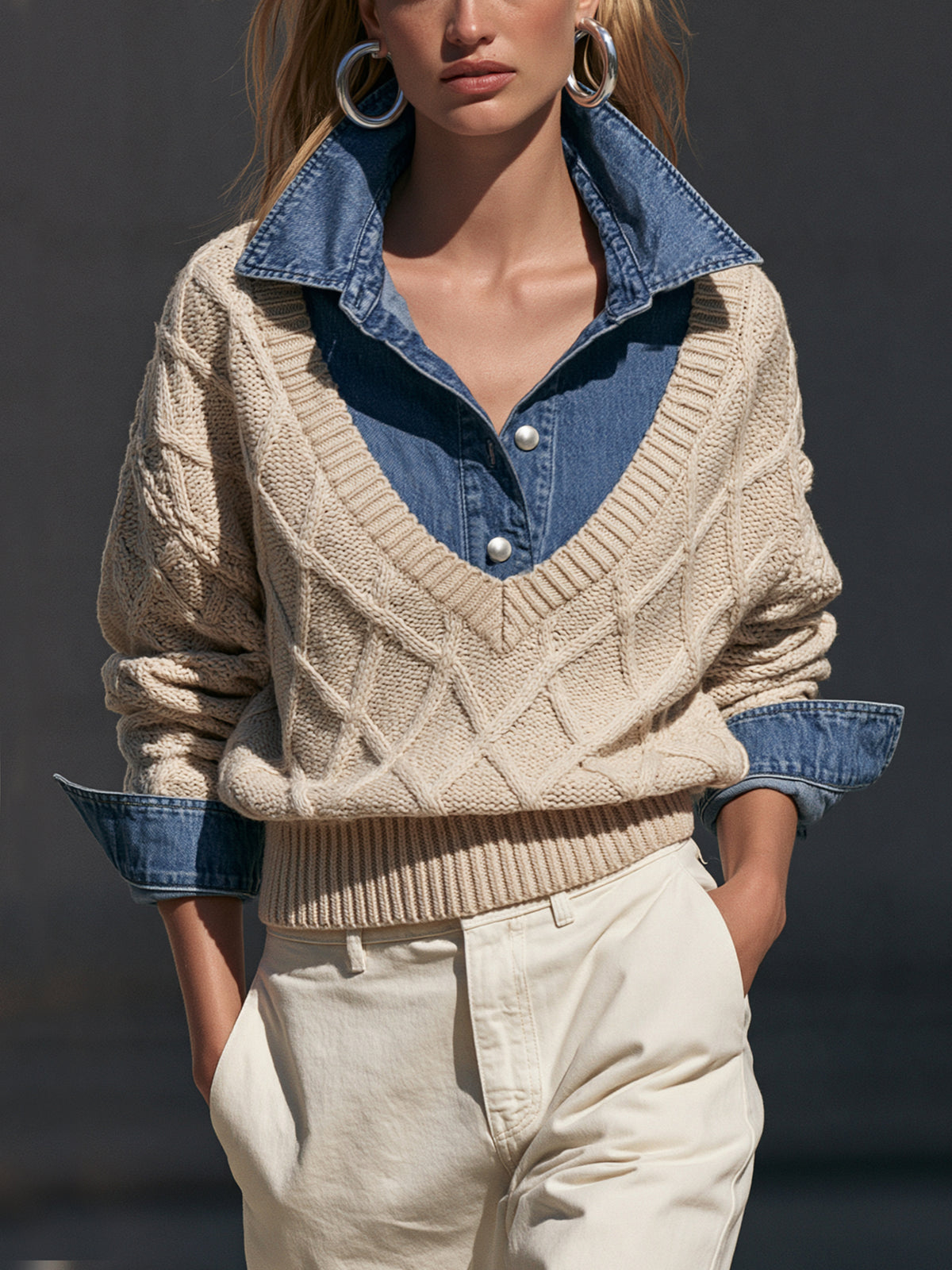 Diamond Cable Knit Faux Two-Piece Sweater
