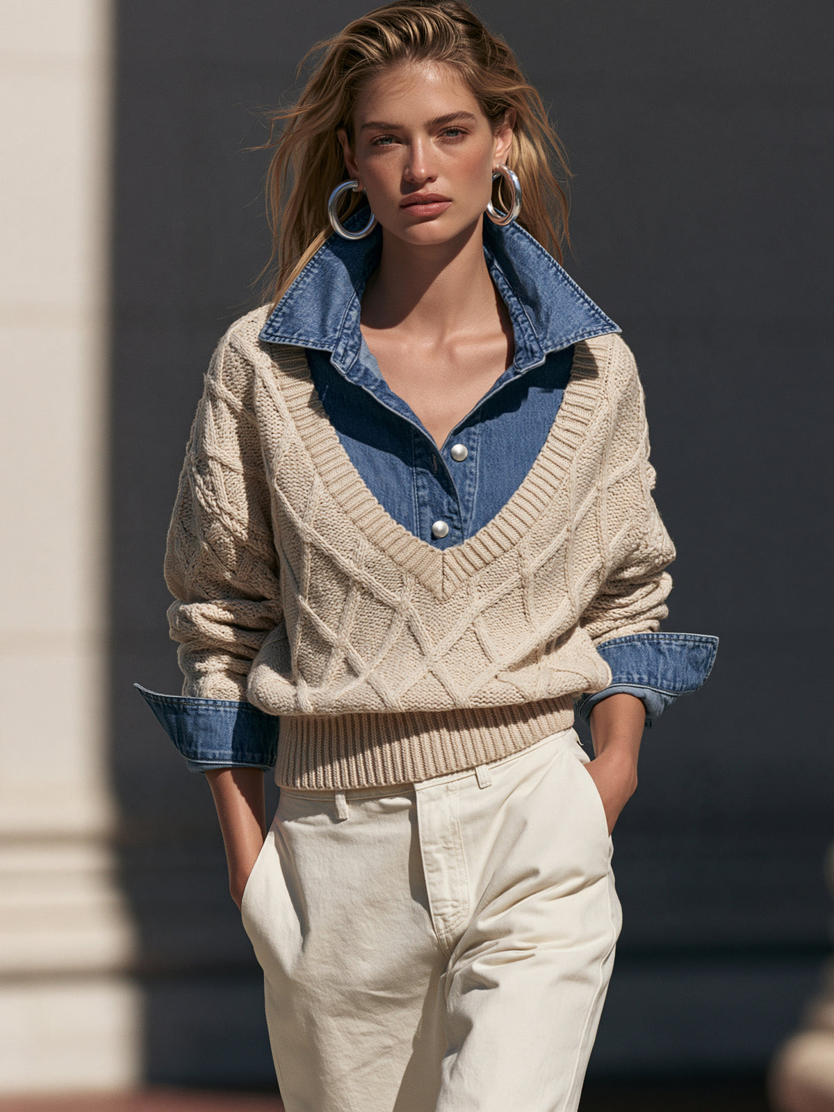 Diamond Cable Knit Faux Two-Piece Sweater