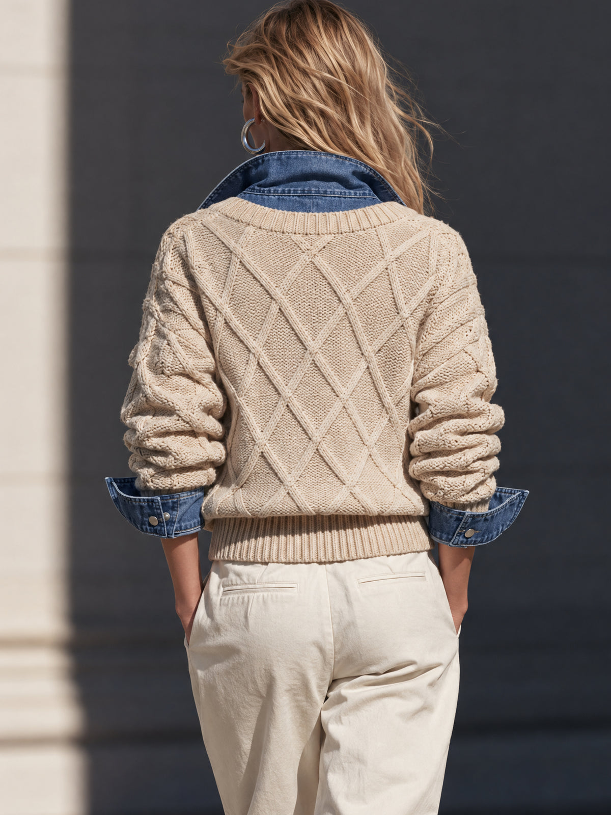 Diamond Cable Knit Faux Two-Piece Sweater