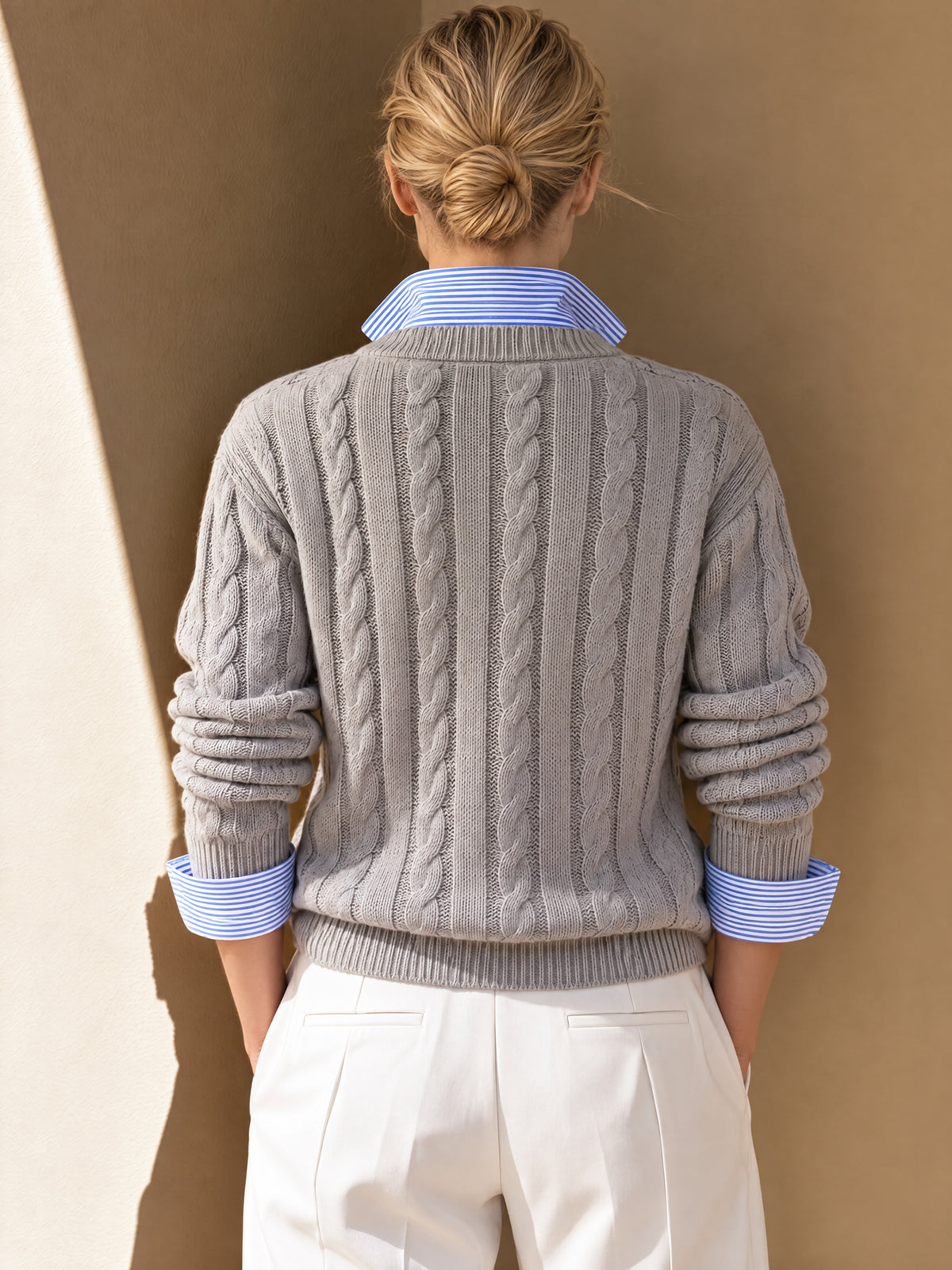 Grey Cable Knit Zip-Front Cardigan With Shawl V-Neck