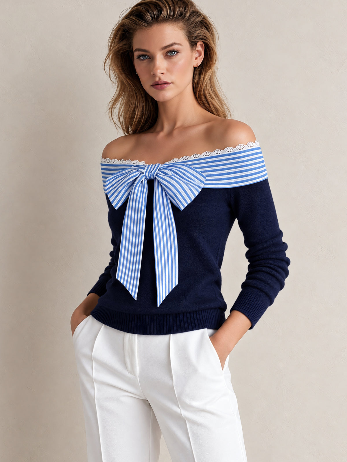 Off-Shoulder Striped Bow & Lace Trim Knit Sweater