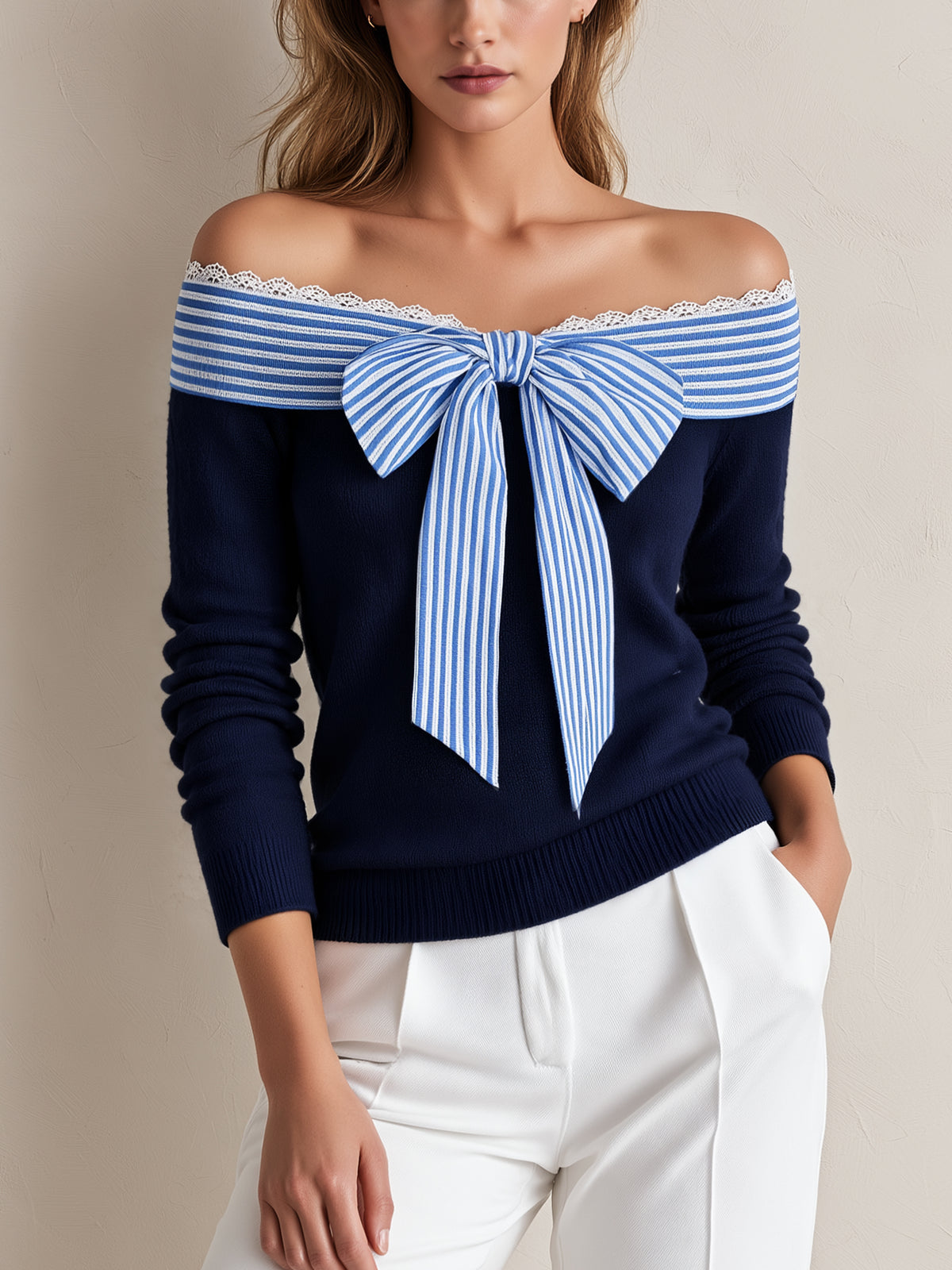Off-Shoulder Striped Bow & Lace Trim Knit Sweater