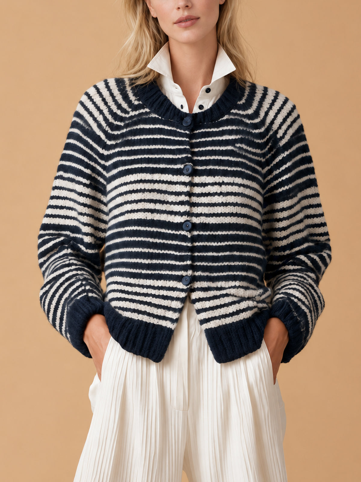 Navy Striped Knit Cardigan With Mock Two-Piece Shirt Collar