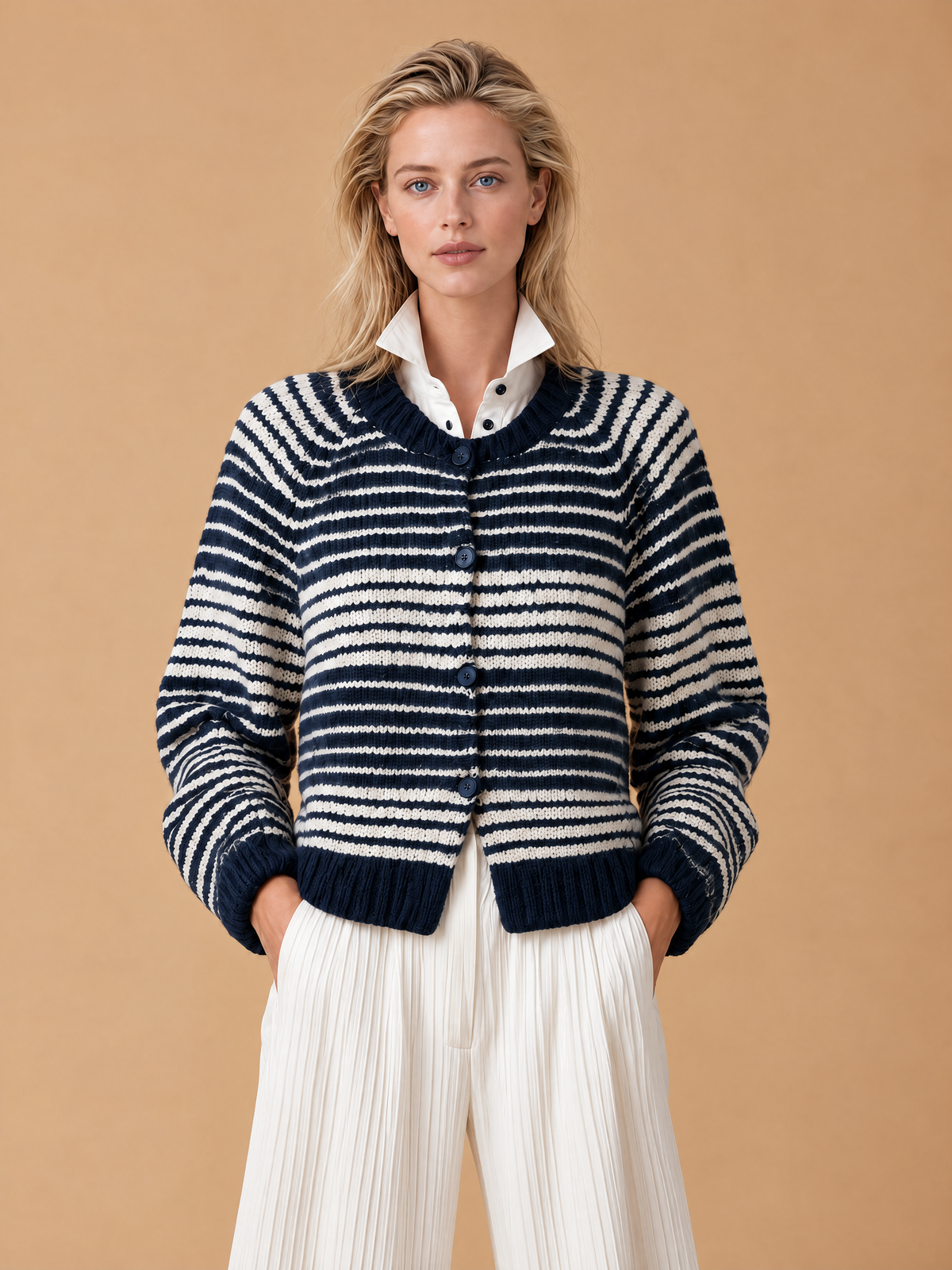 Navy Striped Knit Cardigan With Mock Two-Piece Shirt Collar