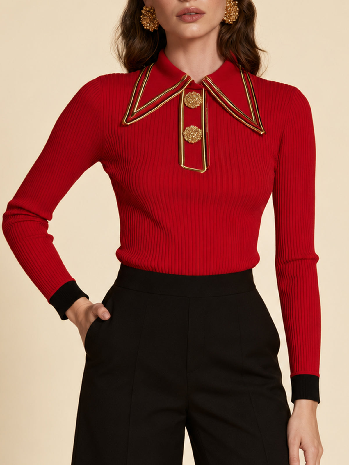 Red Ribbed Knit Polo Top With Gold Trim Collar And Ornate Buttons