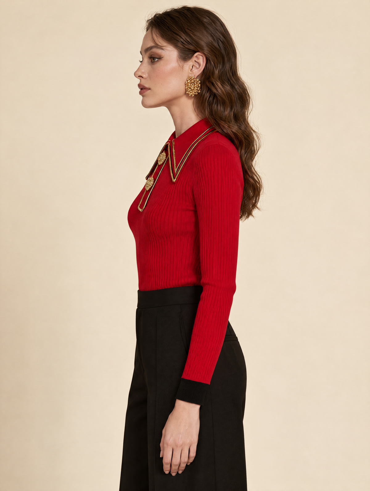 Red Ribbed Knit Polo Top With Gold Trim Collar And Ornate Buttons
