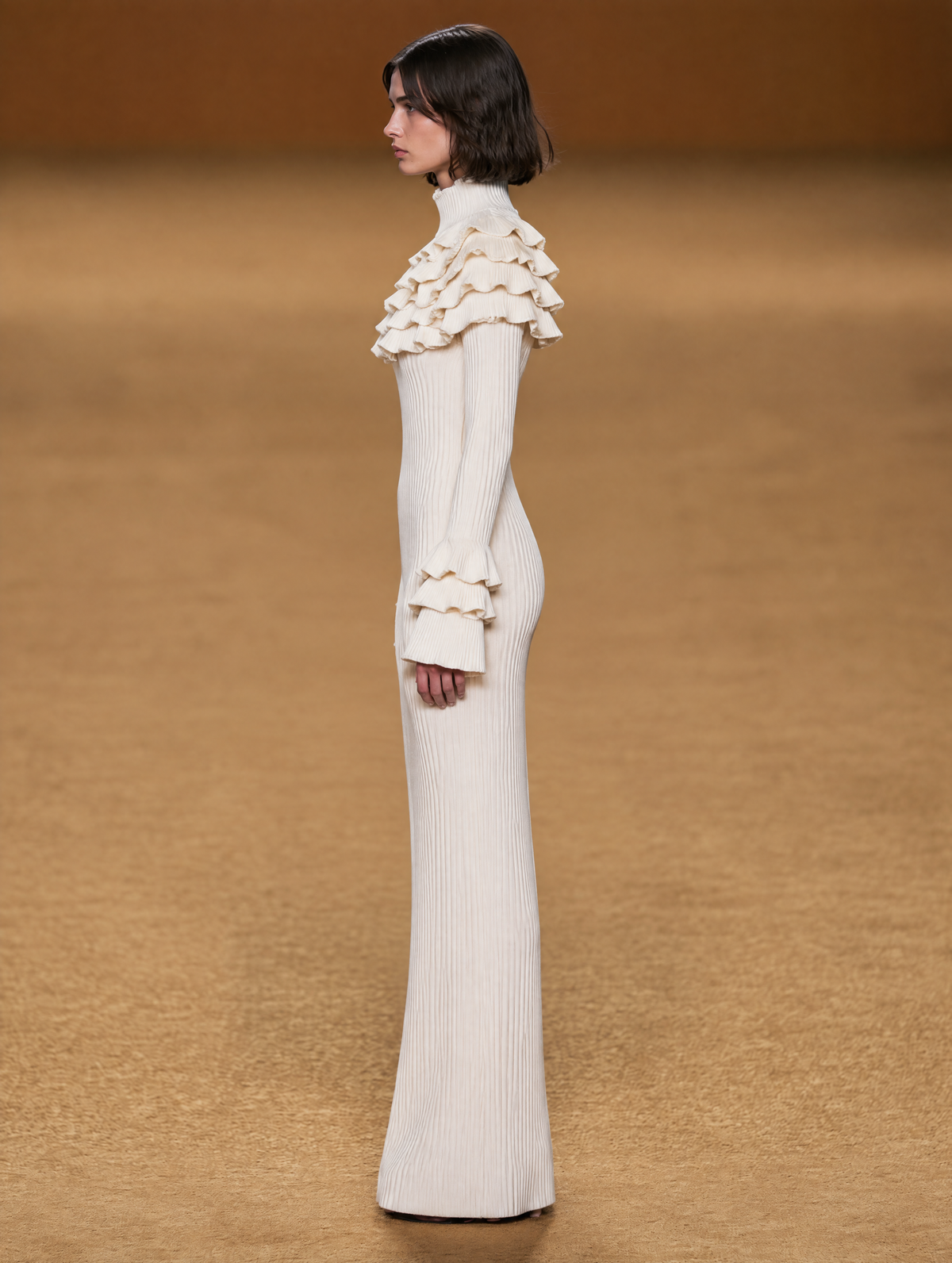 Cream Ribbed Knit Maxi Dress With Tiered Ruffle Collar And Cuffs