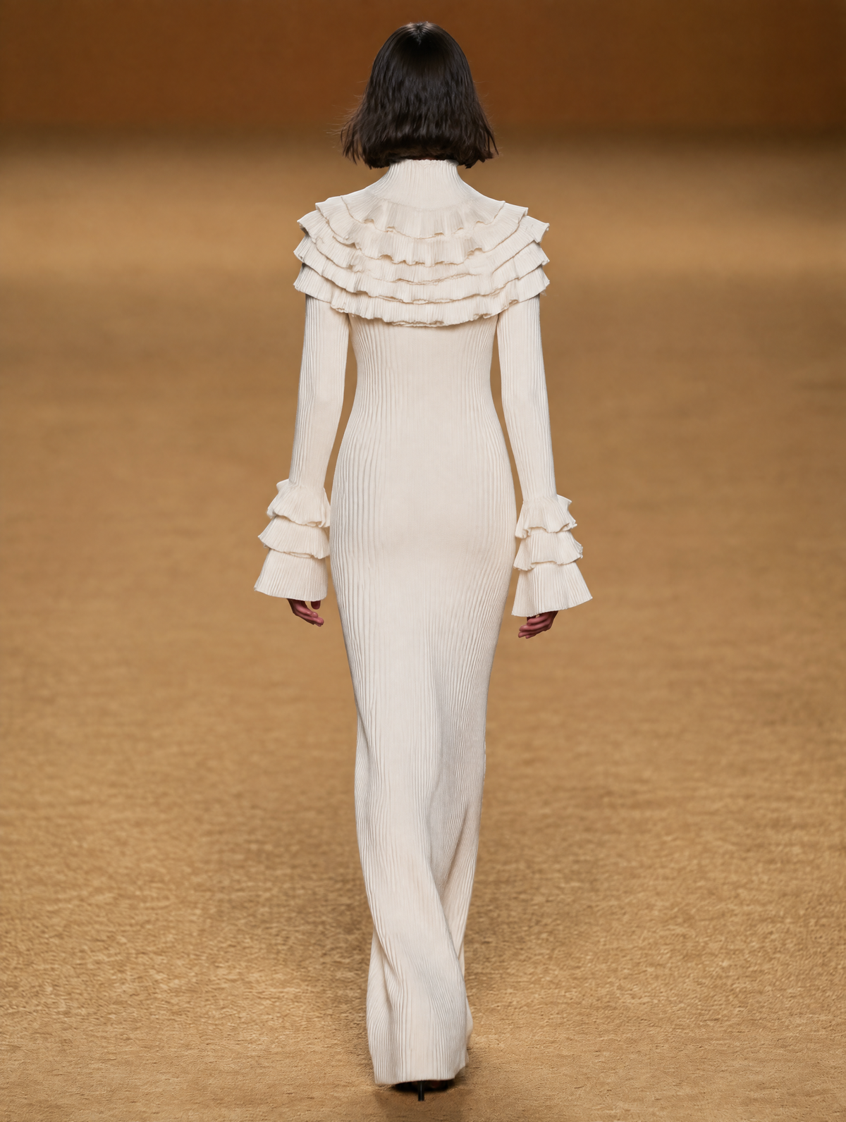 Cream Ribbed Knit Maxi Dress With Tiered Ruffle Collar And Cuffs