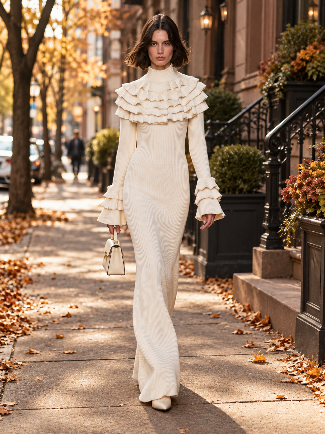 Cream Ribbed Knit Maxi Dress With Tiered Ruffle Collar And Cuffs