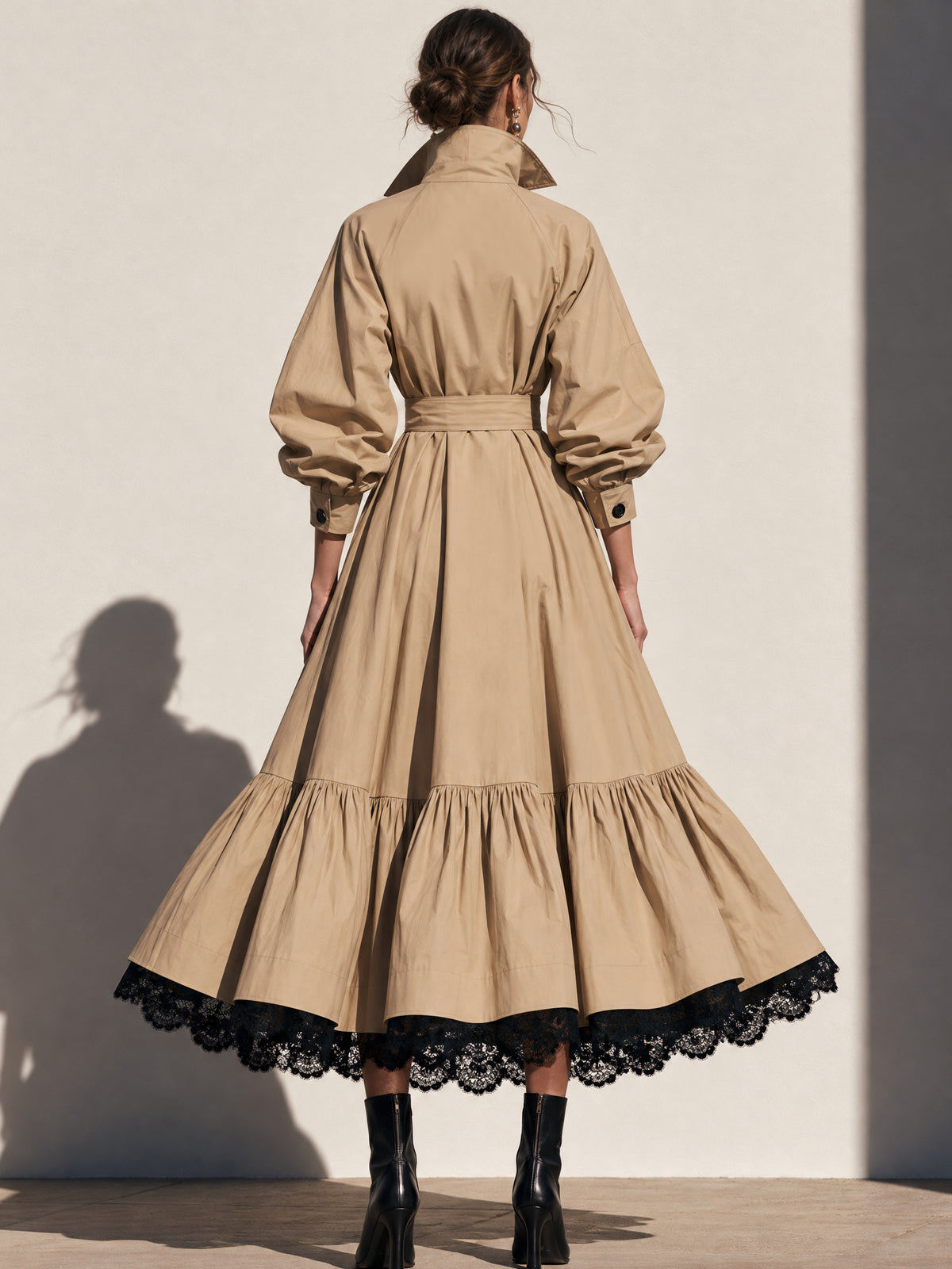 Elegant A-Line Lace Hem Belted Trench Coat