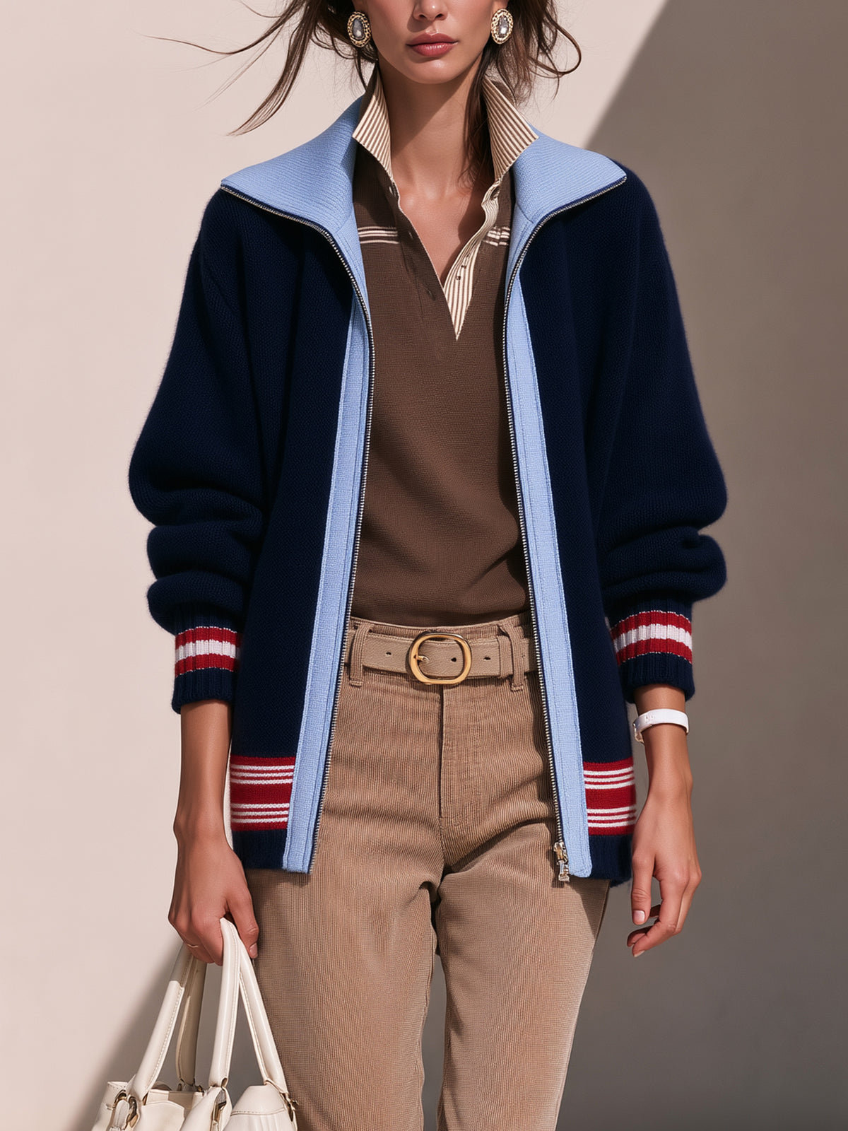 Vintage Color-Block Striped Zip-Up Knit Cardigan