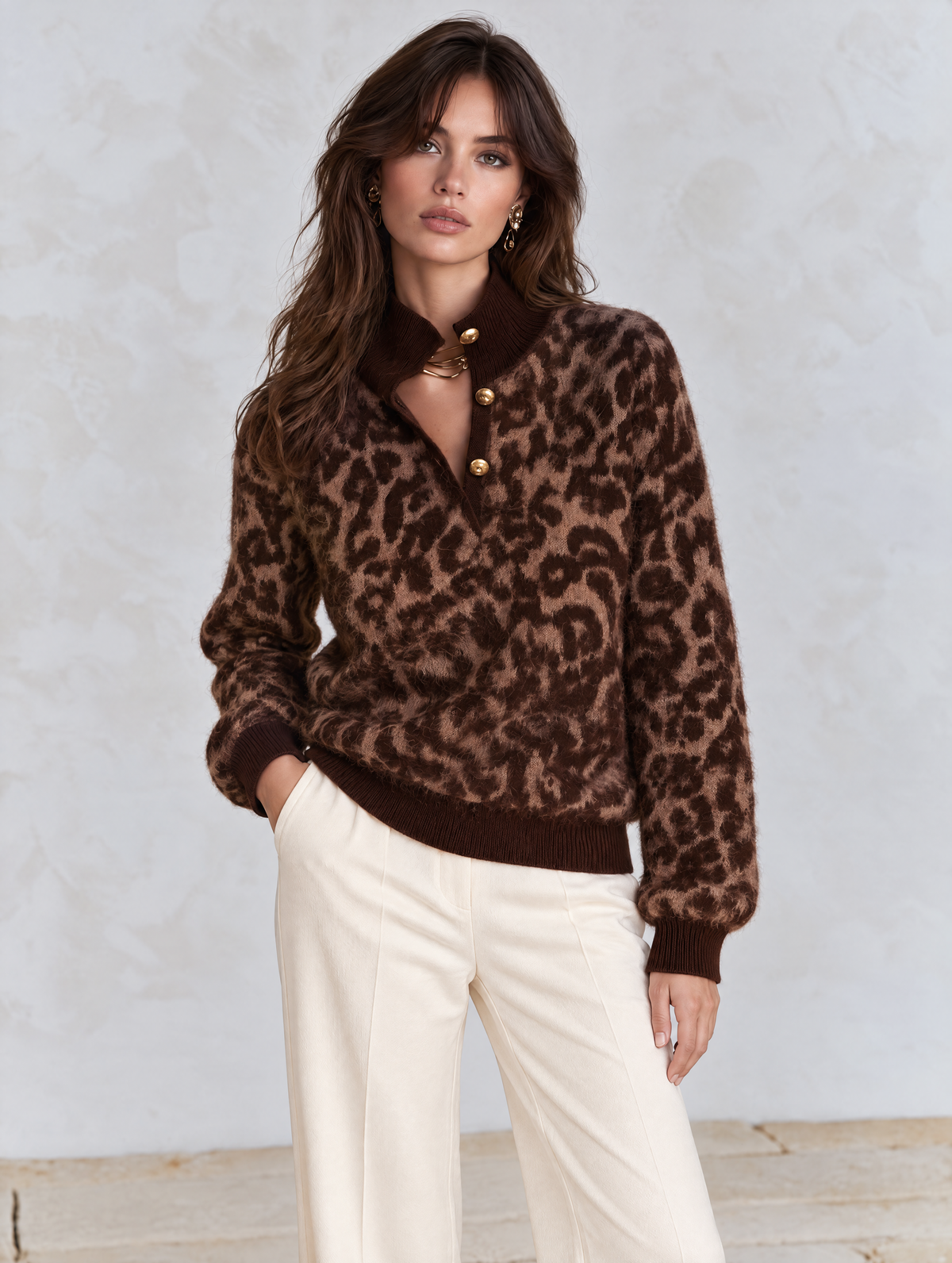 Brown Leopard High-Neck Fuzzy Knit Sweater