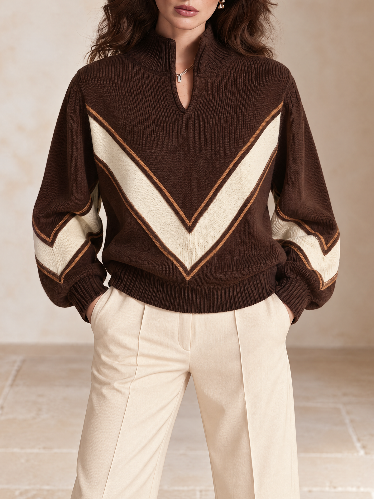 Brown Ivory Geometric High-Neck Knit Sweater