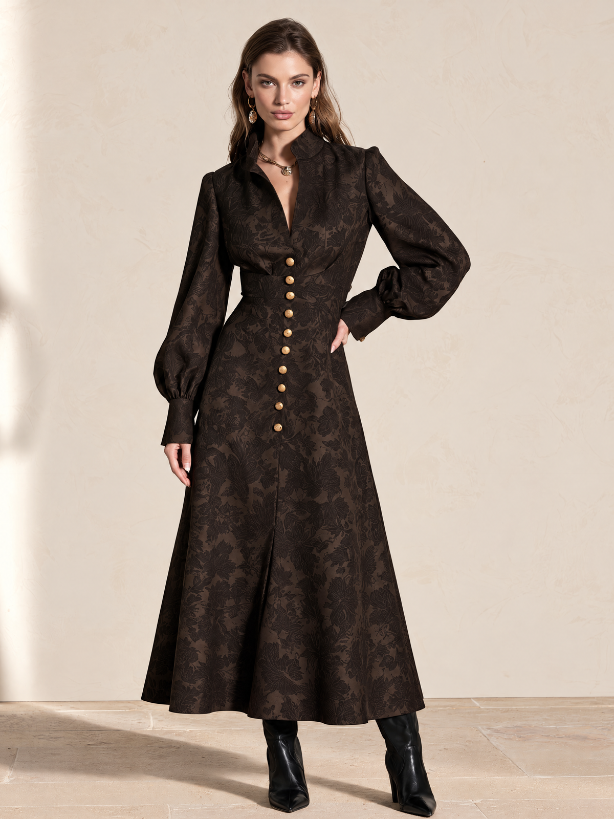 Coffee Brown Jacquard V-Neck Maxi Dress