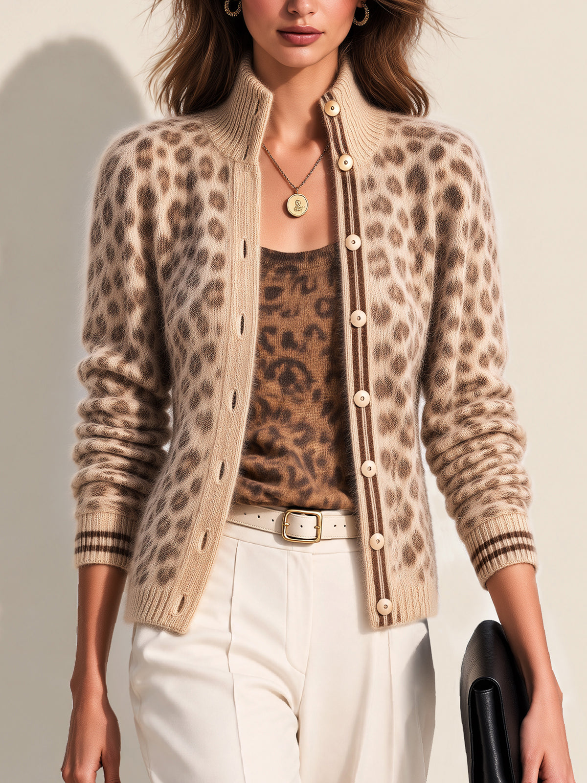 Leopard Stand Collar Knit Cardigan Knitwear