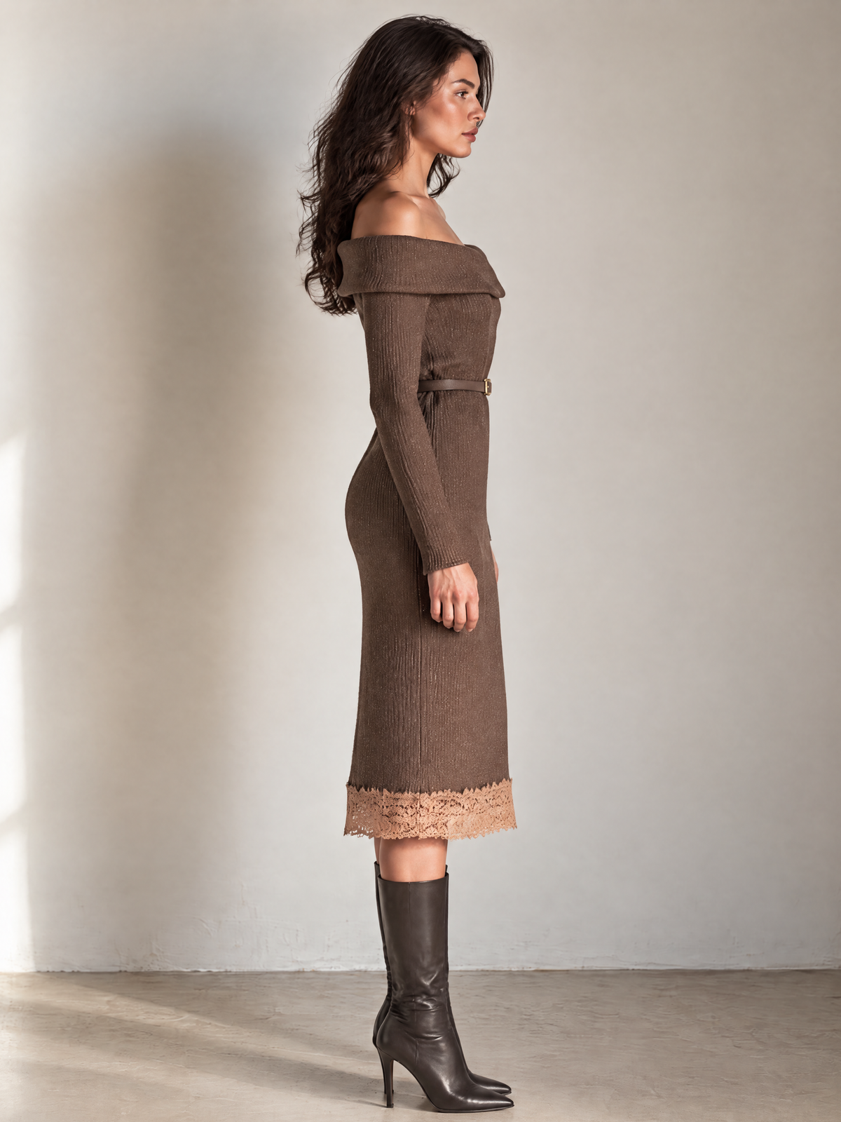 Taupe Off-Shoulder Lace-Trim Wool Knit Midi Dress