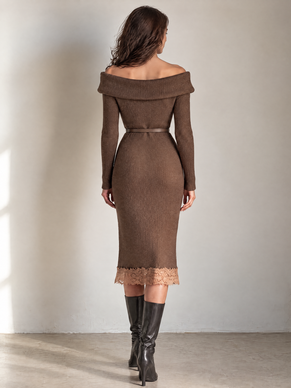 Taupe Off-Shoulder Lace-Trim Wool Knit Midi Dress